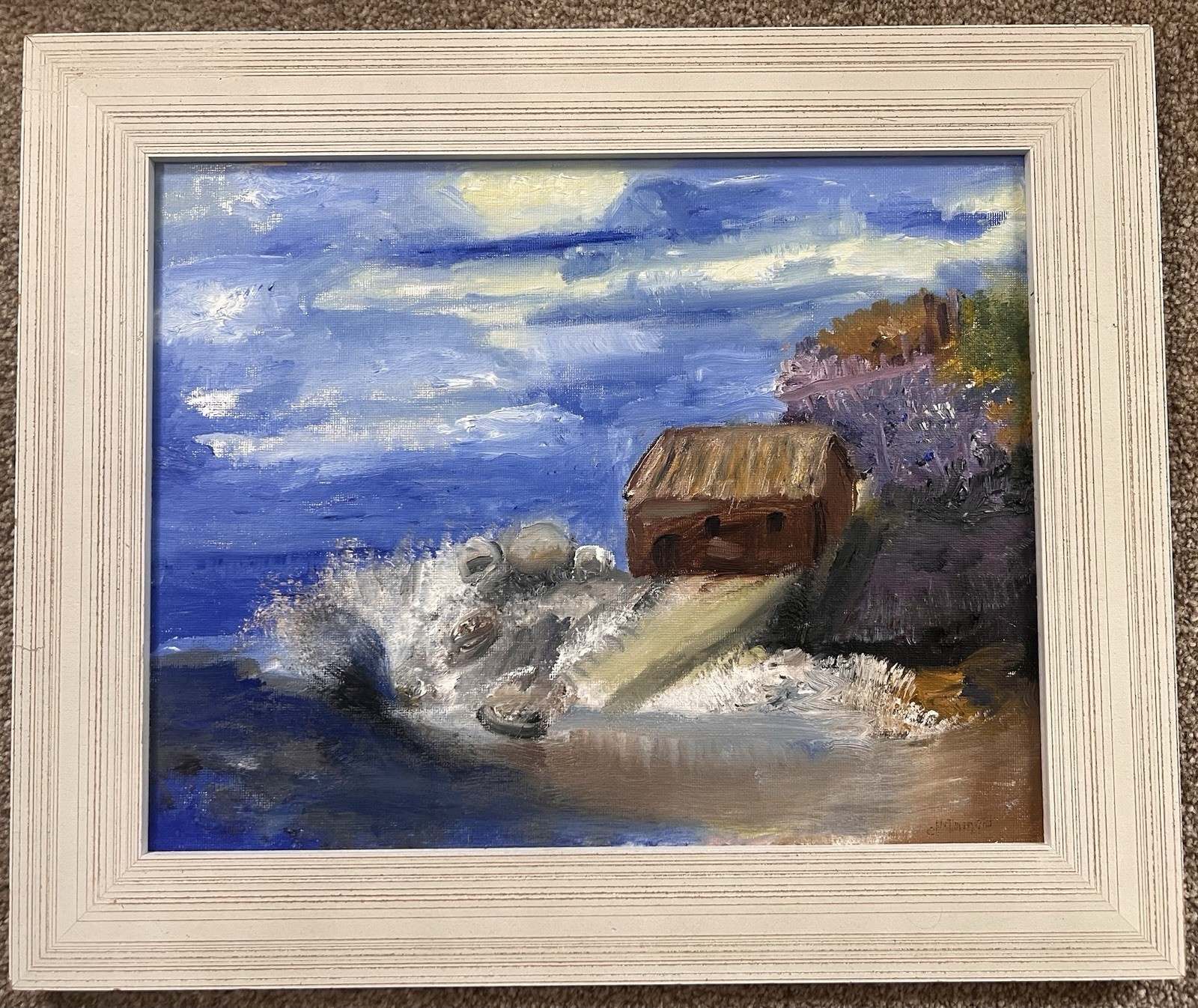 Rough Seascape Beach Oil Painting • Nautical Boat Scene Framed Canvas 15×16 OOAK