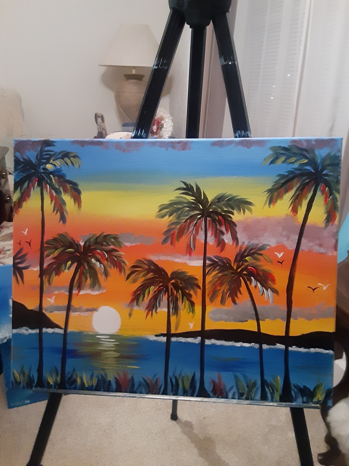 Valerie’s Dream – Palm Trees, Sunset, Ocean, Original Oil Painting, Wall Art