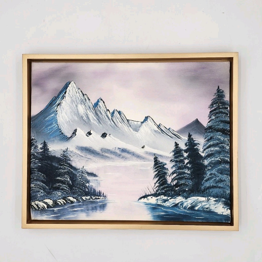 Original Bob Ross Style Winter Landscape Oil Painting Mountain Scene 16×20 Frame
