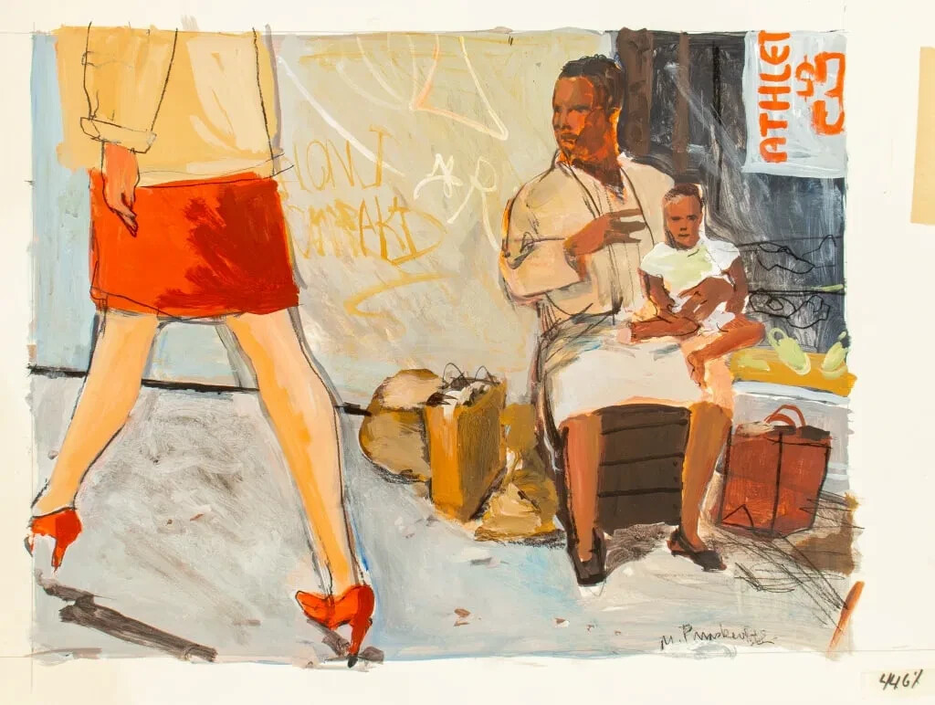 Michael Paraskevas, Vintage 1980s Figural City Scenes Acrylic Painting, Signed