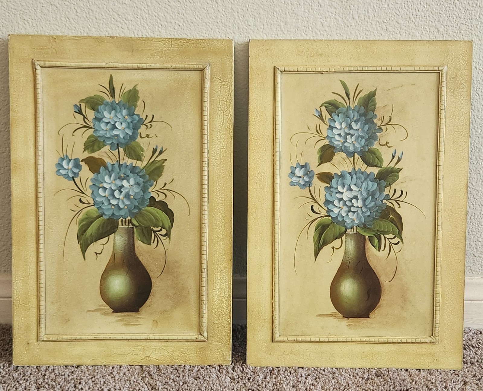 Set Of 2 Blue Hydrangea Floral Paintings Vintage Wall Decor 18×12