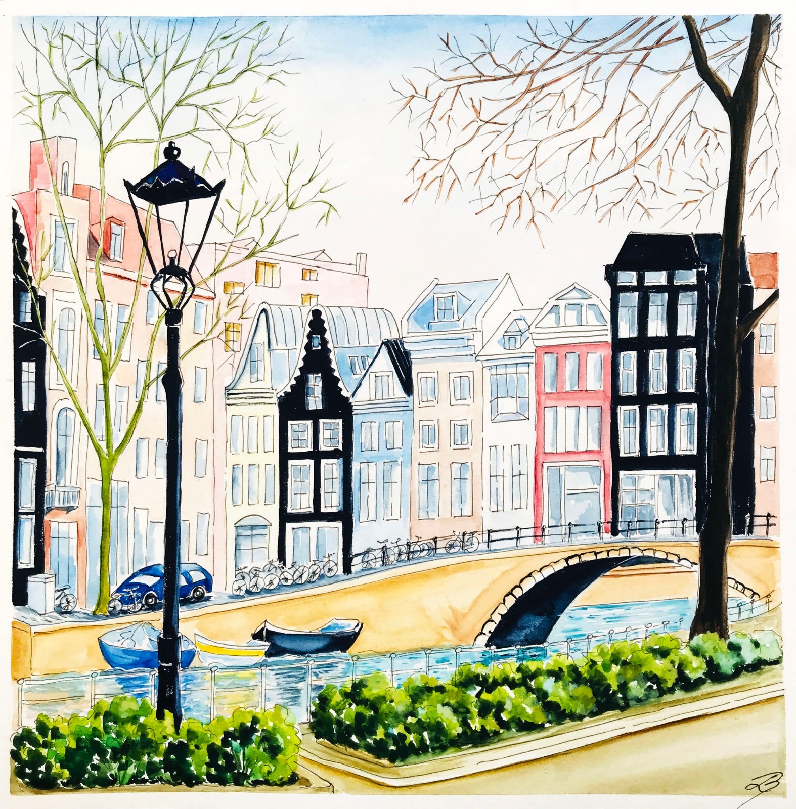 Amsterdam Original Art Netherlands Painting Watercolor Cityscape Art 12 x 12″