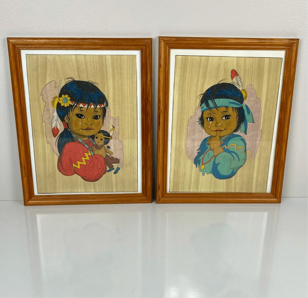 Native American Girl Boy Tear Crying Wall Art Painting 14.5×11.5in Framed Set