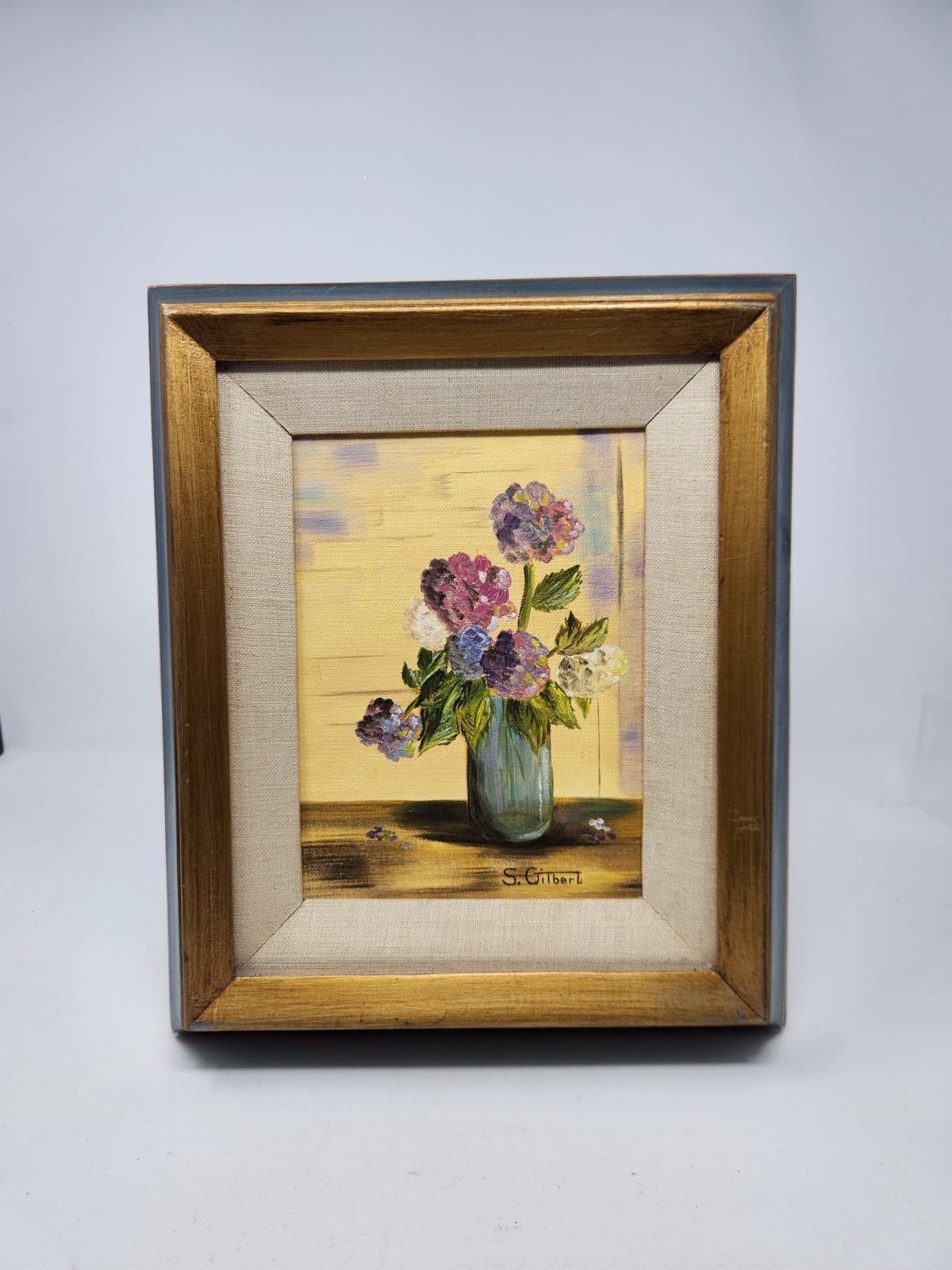 Framed Oil Painting Floral Still Life S. Gilbert Hydrangea In Vase Wood Frame