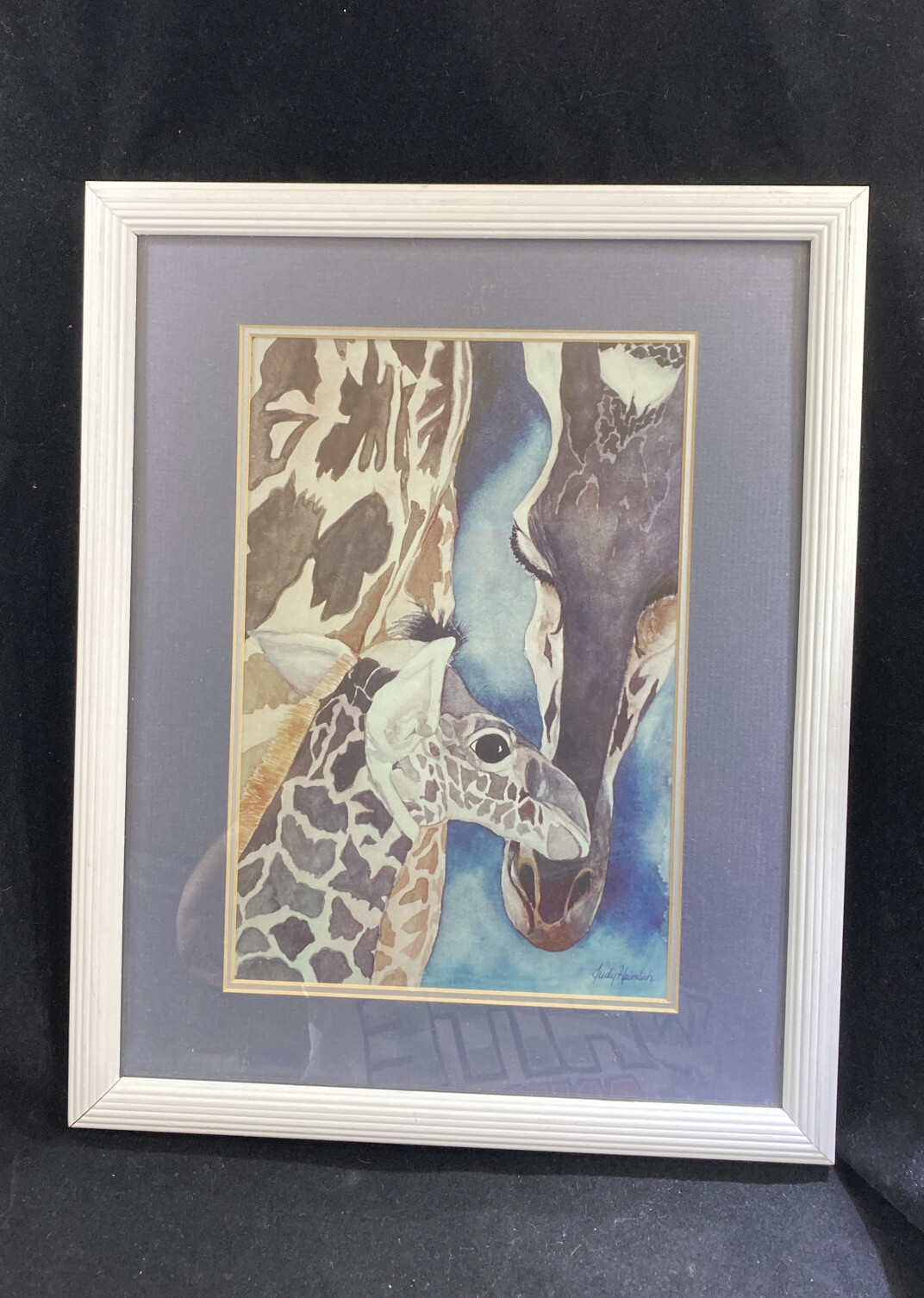 Judy Heinlich Watercolor “Gentle Giants” Giraffe & Baby 12”x15” Matted & Framed