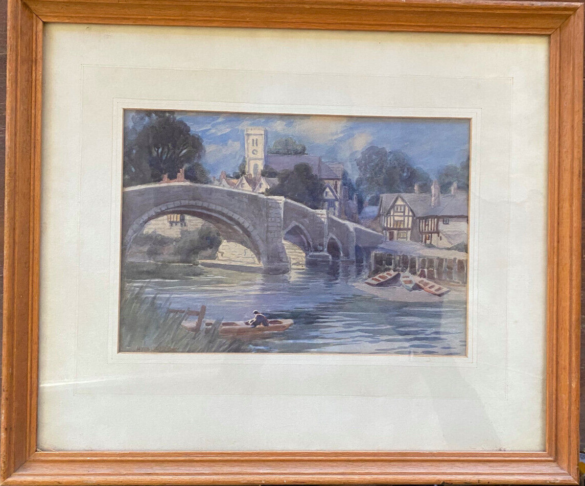 Watercolor Sign. H. Walford verso marked River with Bridge