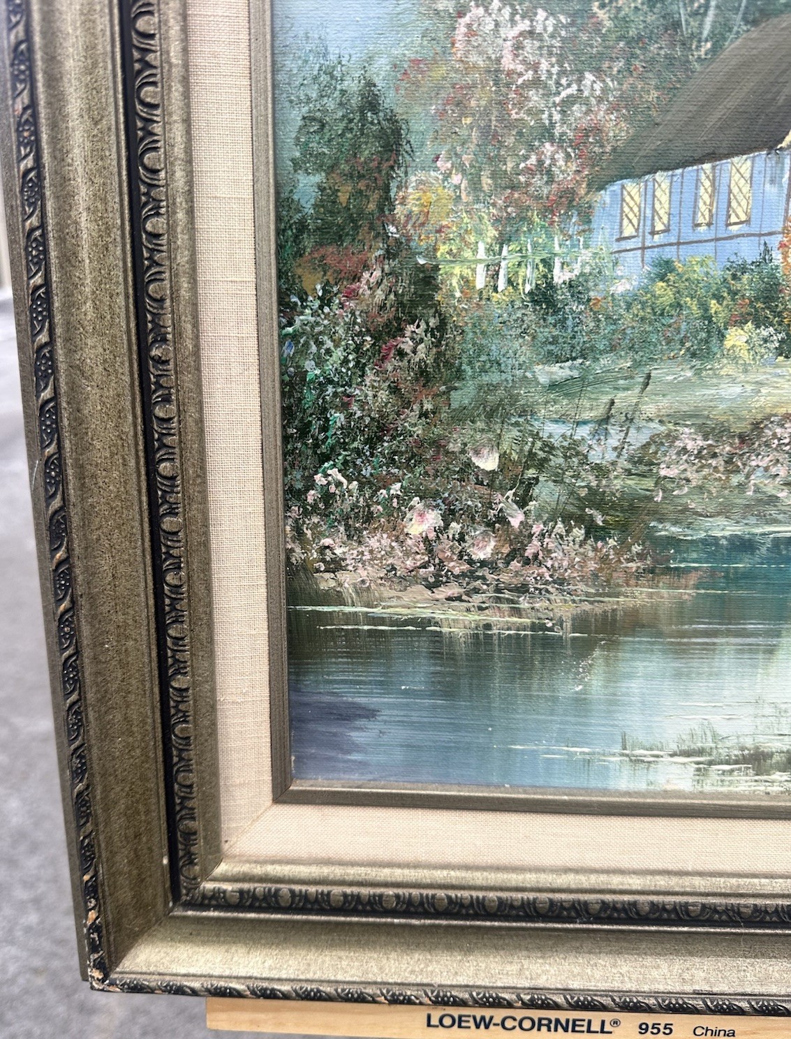 Vintage Oil Painting French Cottage Landscape Signed R. Wolfel Framed 25,5×29,5