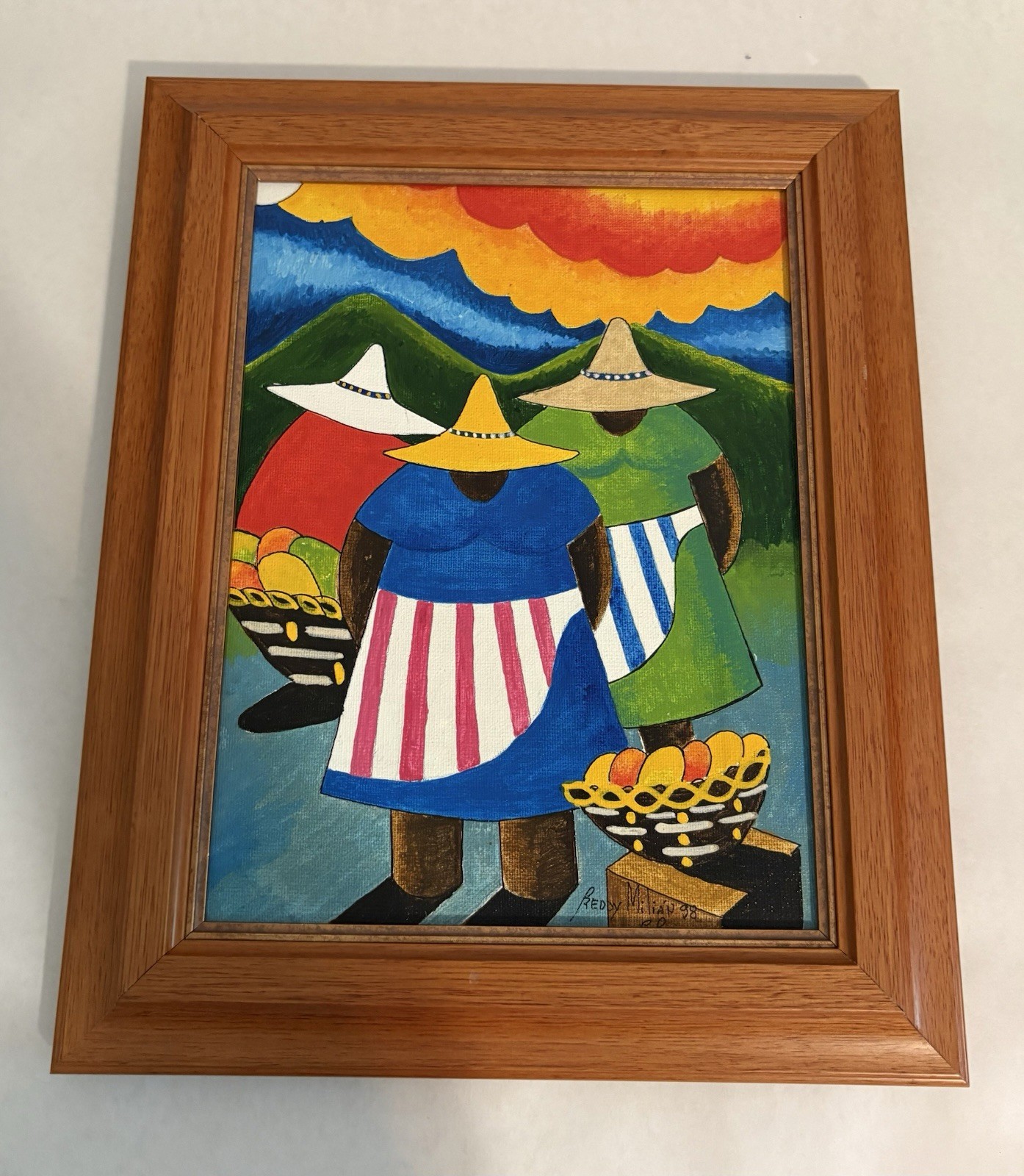 Signed Fredy Milian 1998 Caribbean Folk Art Painting Framed Women Fruit Basket