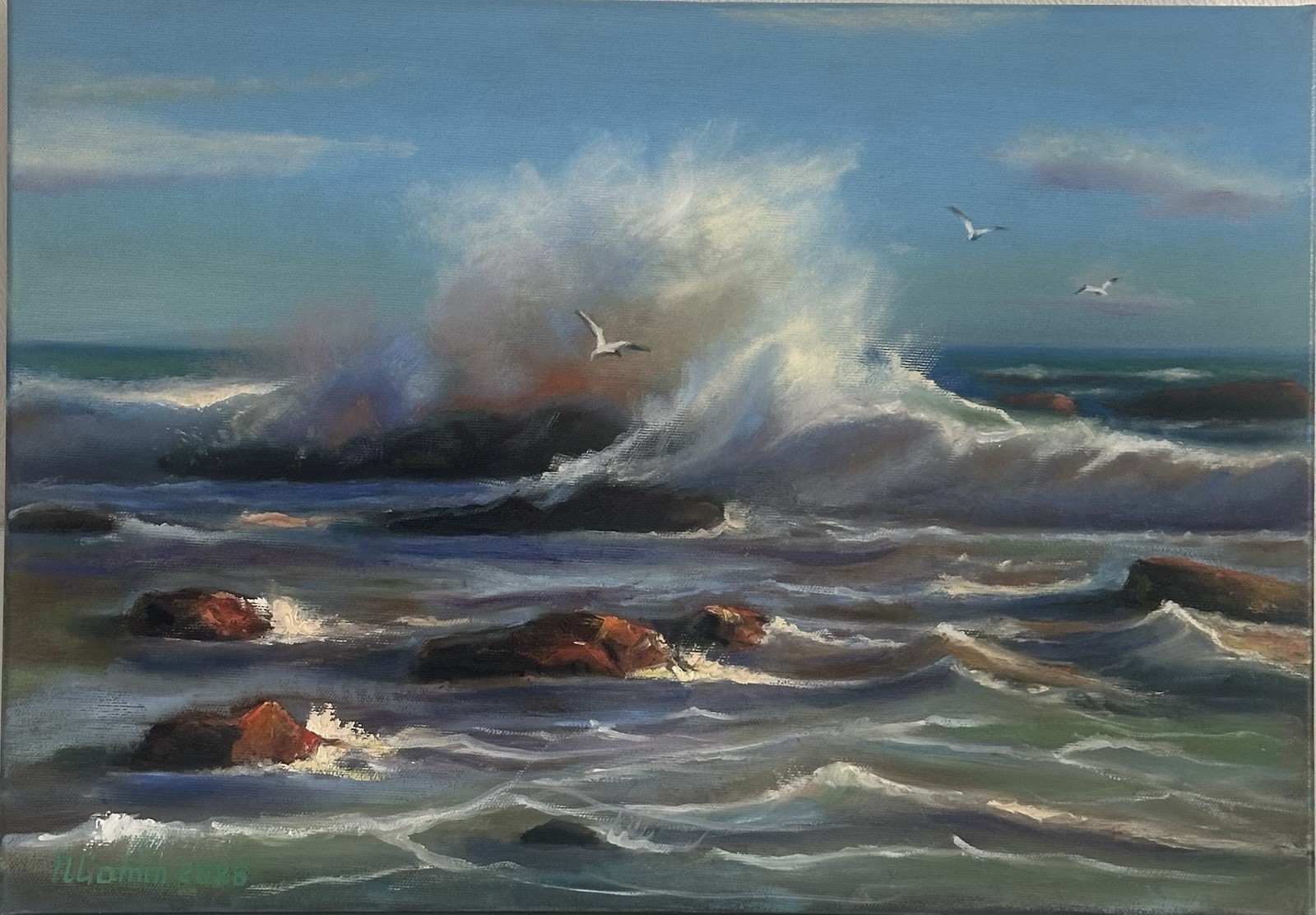Oil Painting Seascape Waves Rocks Sea 35x50cm Canvas 13,7×19,6 Inch Wall Art