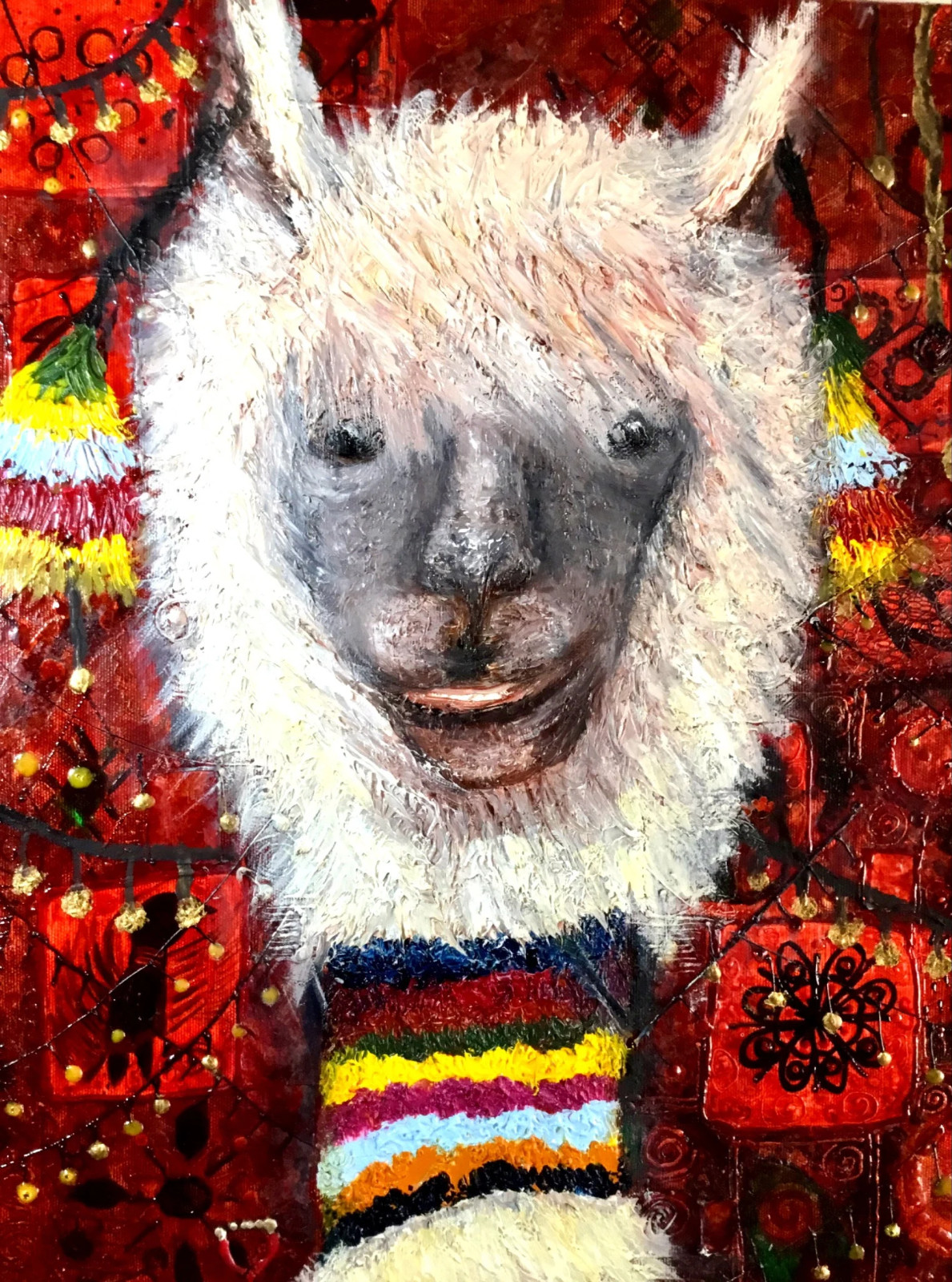 Original Oil Painting – Funny Alpaca Wearing a Knitted Scarf – Impasto Style