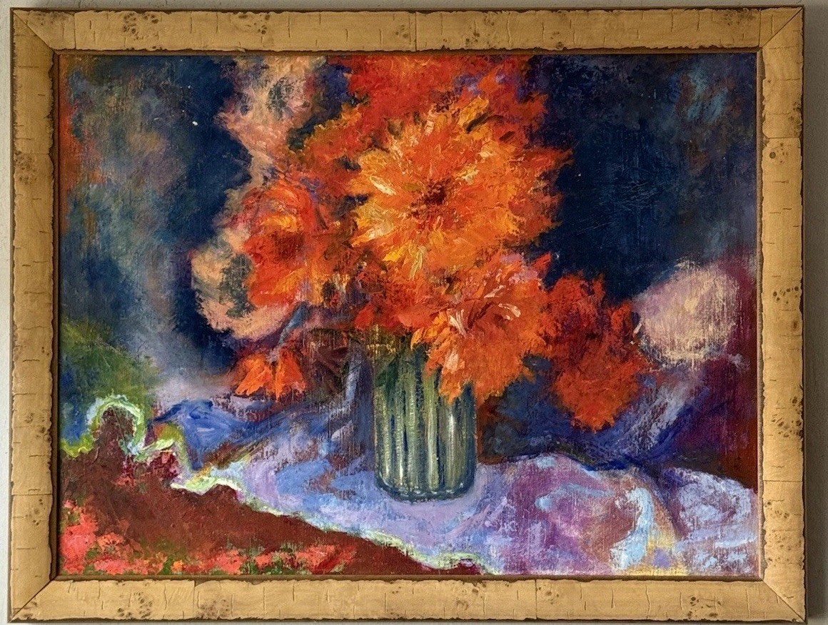 ETHEL CHRISTENSEN VINTAGE MODERN ABSTRACT STILL LIFE FLOWERS OIL PAINTING 1960s