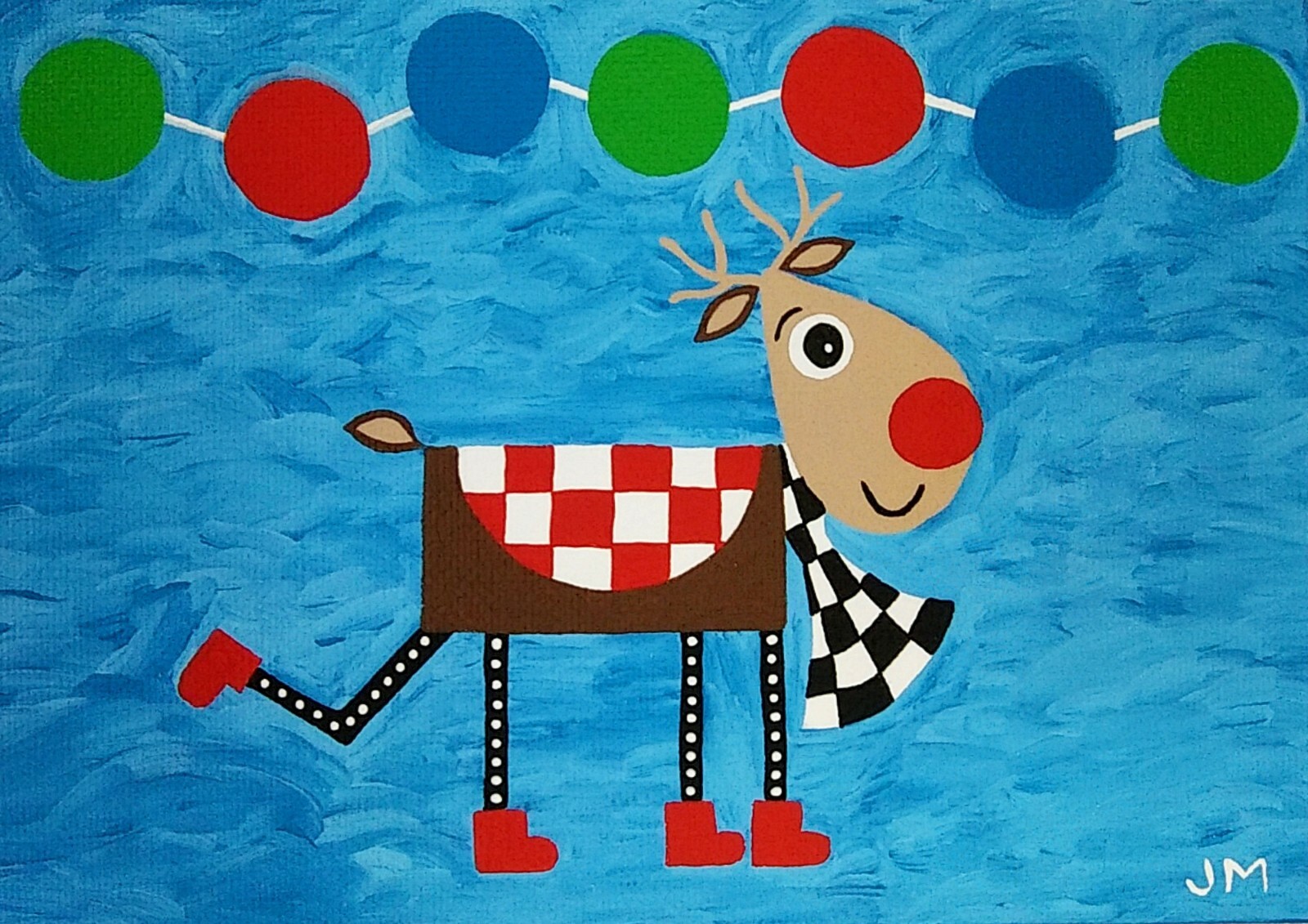 new! original painting 5×7 signed canvas board folk art «Dancing Reindeer»