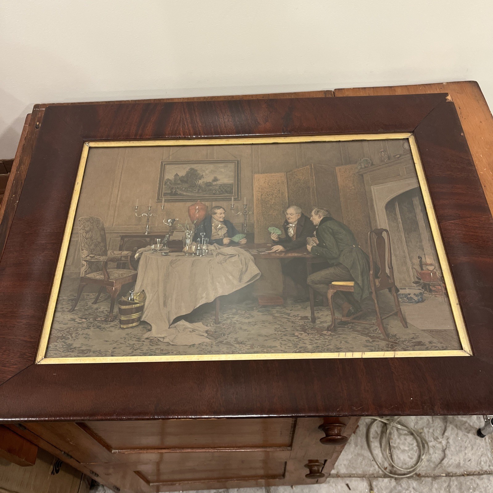 W. Dendy Sadler Vtg Colored Etching Lithograph, Parlor Scene, Antique Frame