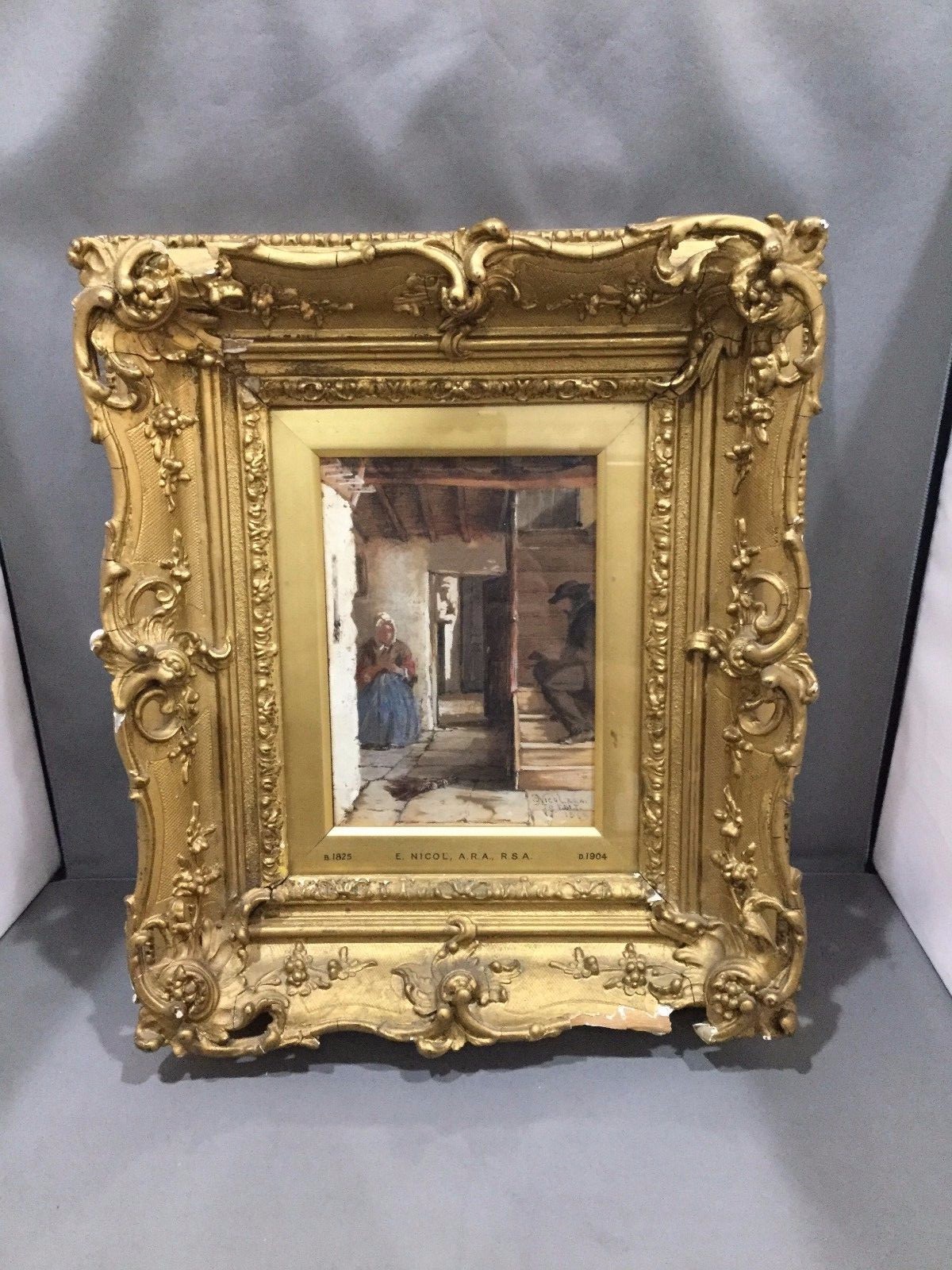 Erskine Nicol RSA ARA 1863 Watercolor Interior Painting 8×6 in Gold Wood Frame