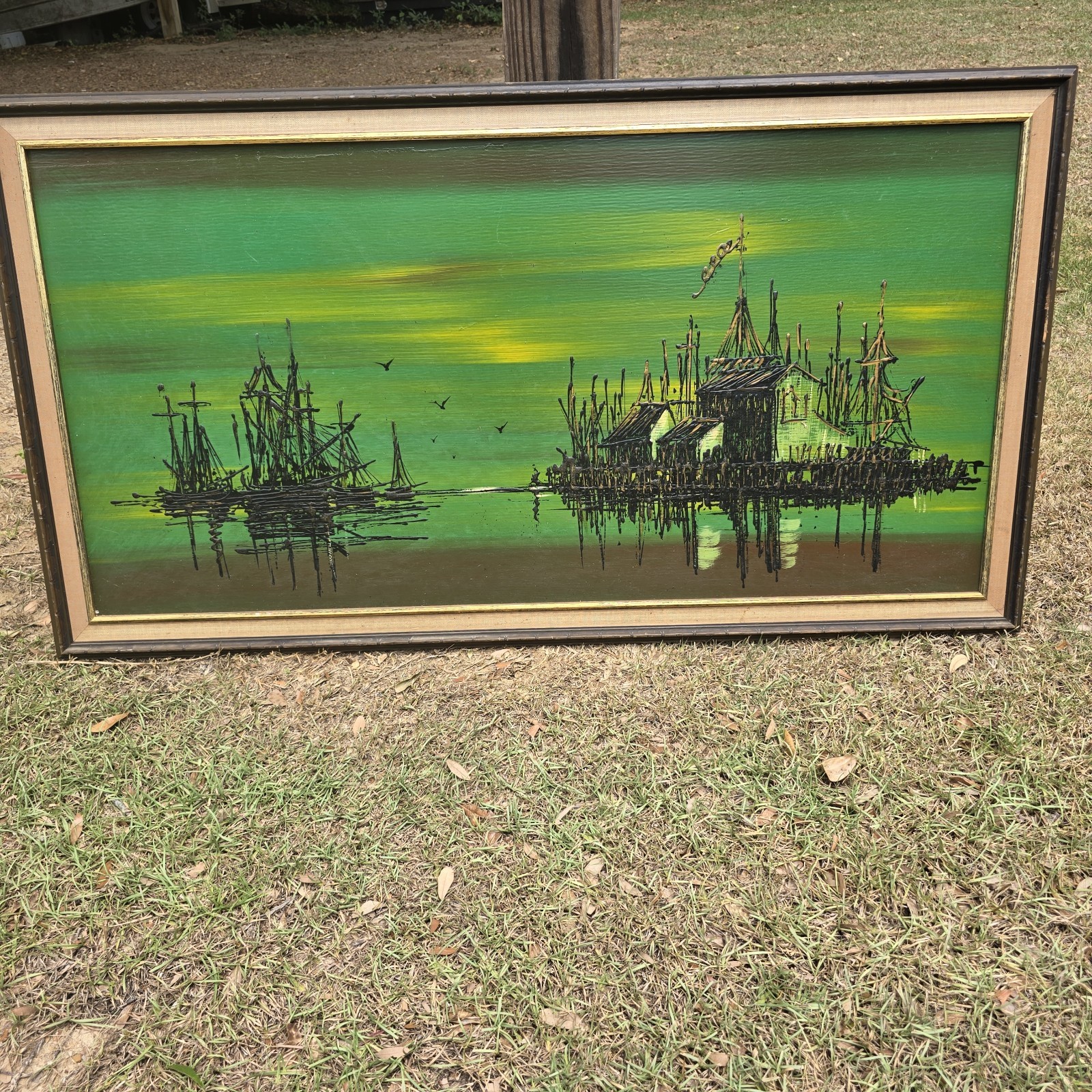 MCM Huge Drip Painting by VAN GAARD Boats Ships Fishermen Mid-Century Modern