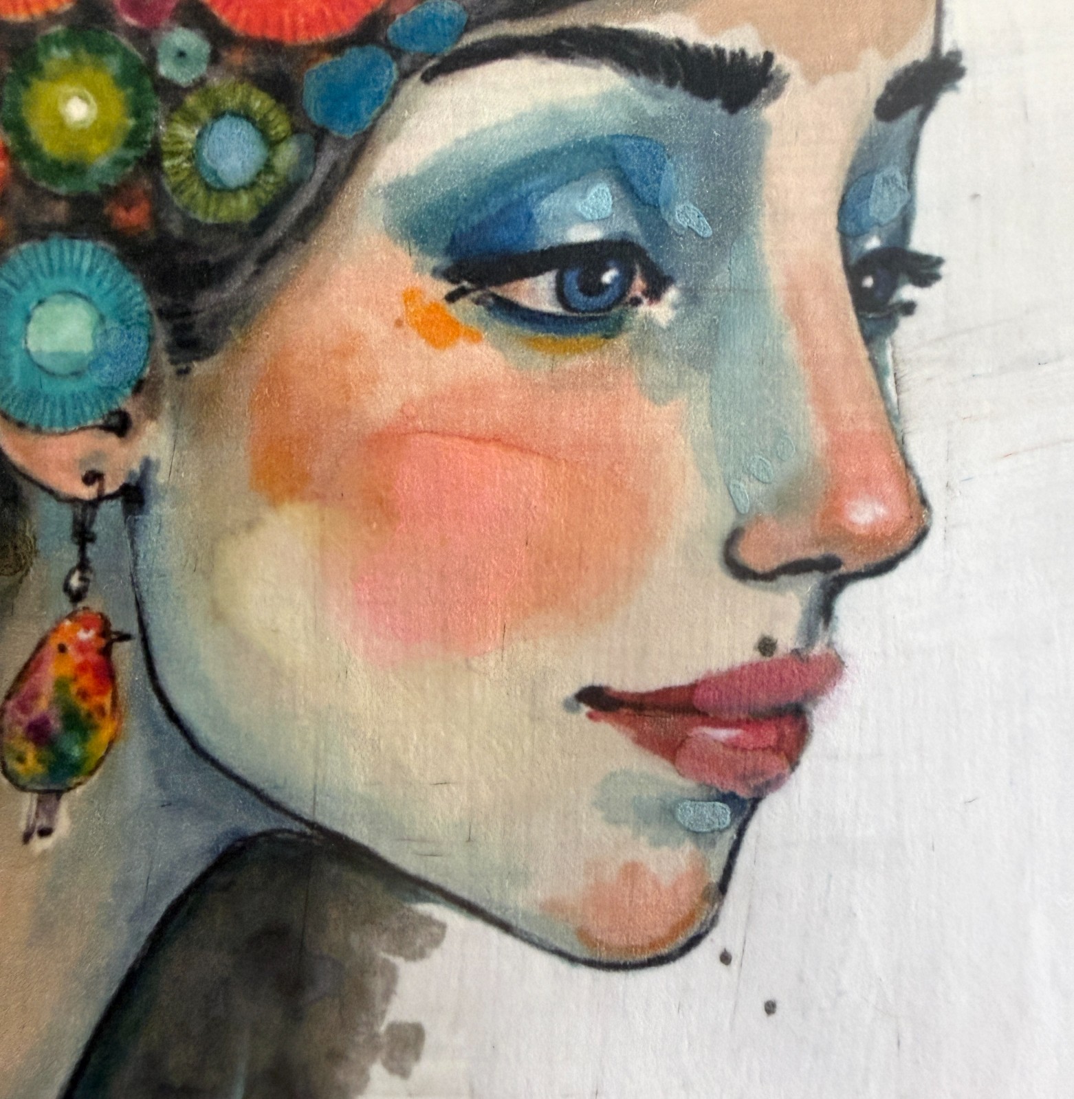 Original Profile Portrait ACEO Painting Woman Bird Earring Watercolor OOAK Minia