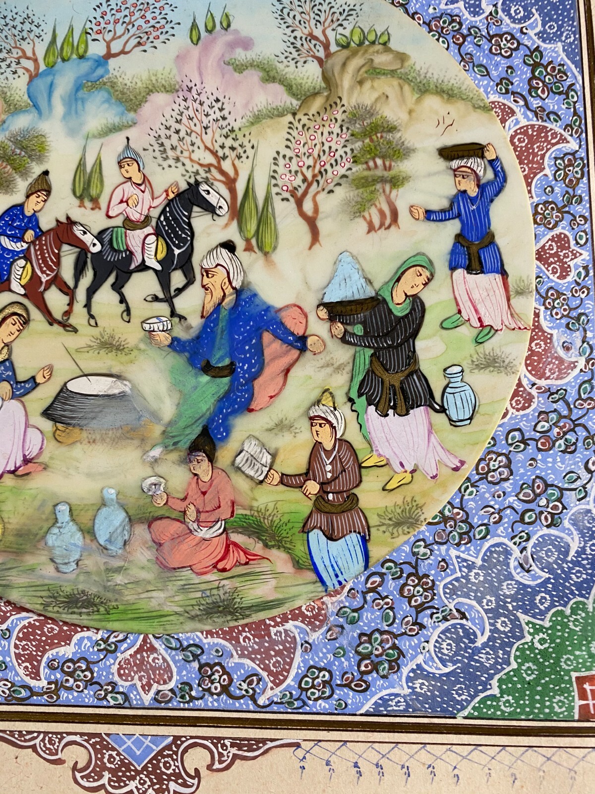 «Persian Figures Scene» Gouache On Bone & Paper Painting With Decorated Matte