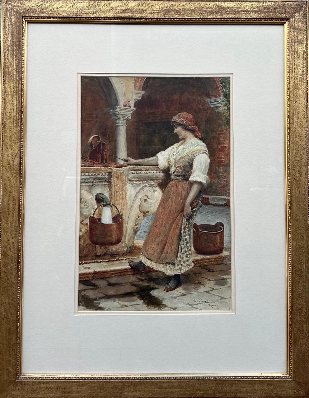 Nazzareno Cipriani Of Rome (1843 -1925) :The Watergirl . Watercolor, Signed