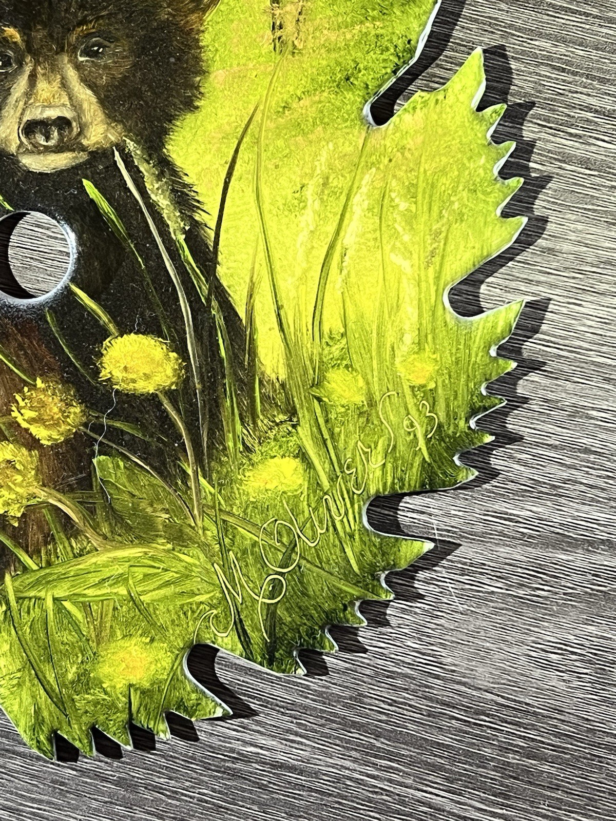 Vintage 7 inch saw blade painting of bear cubs, signed by local artist 1993