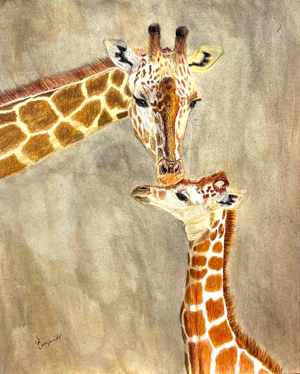 GUAJARDO Original Contemporary Expressionism Giraffe Kiss 10X8 Paper Signed Art