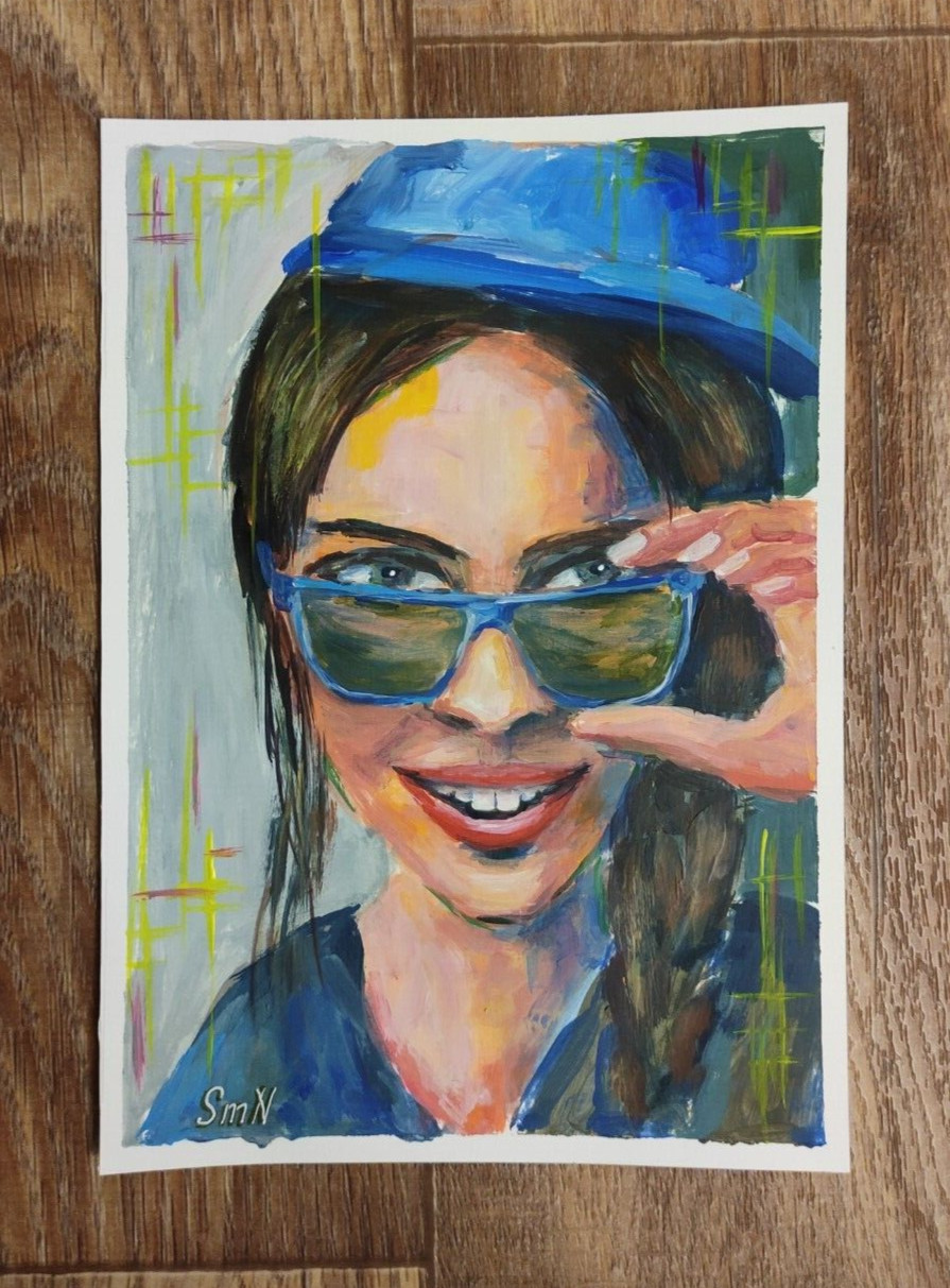Signed Original Modern Woman Face Portrait Unique Painting Female Wall Art