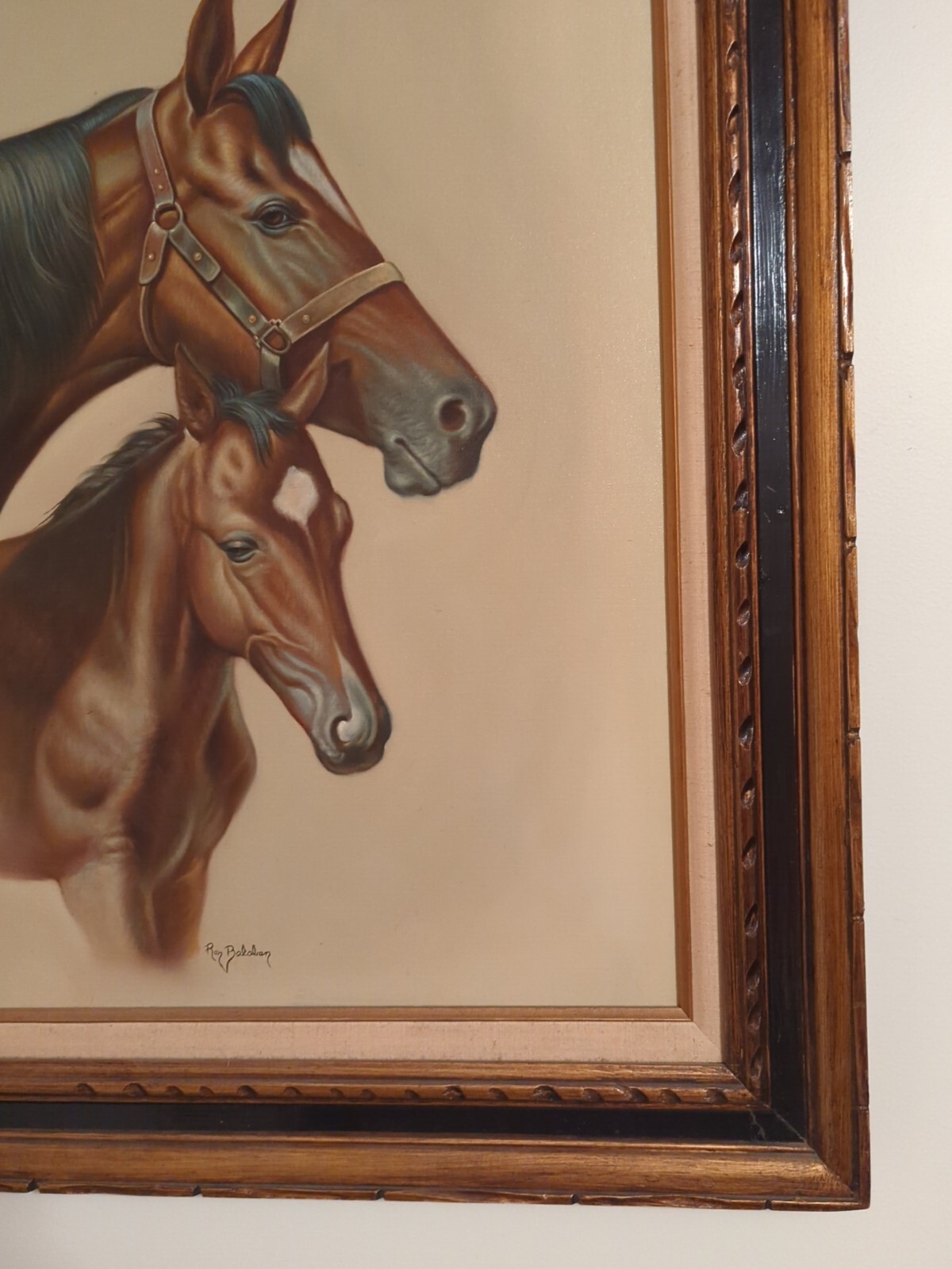 Rare Signed RON BALABAN Double Horse ORIGINAL OIL On CANVAS 32 X 38″ WOOD FRAMED
