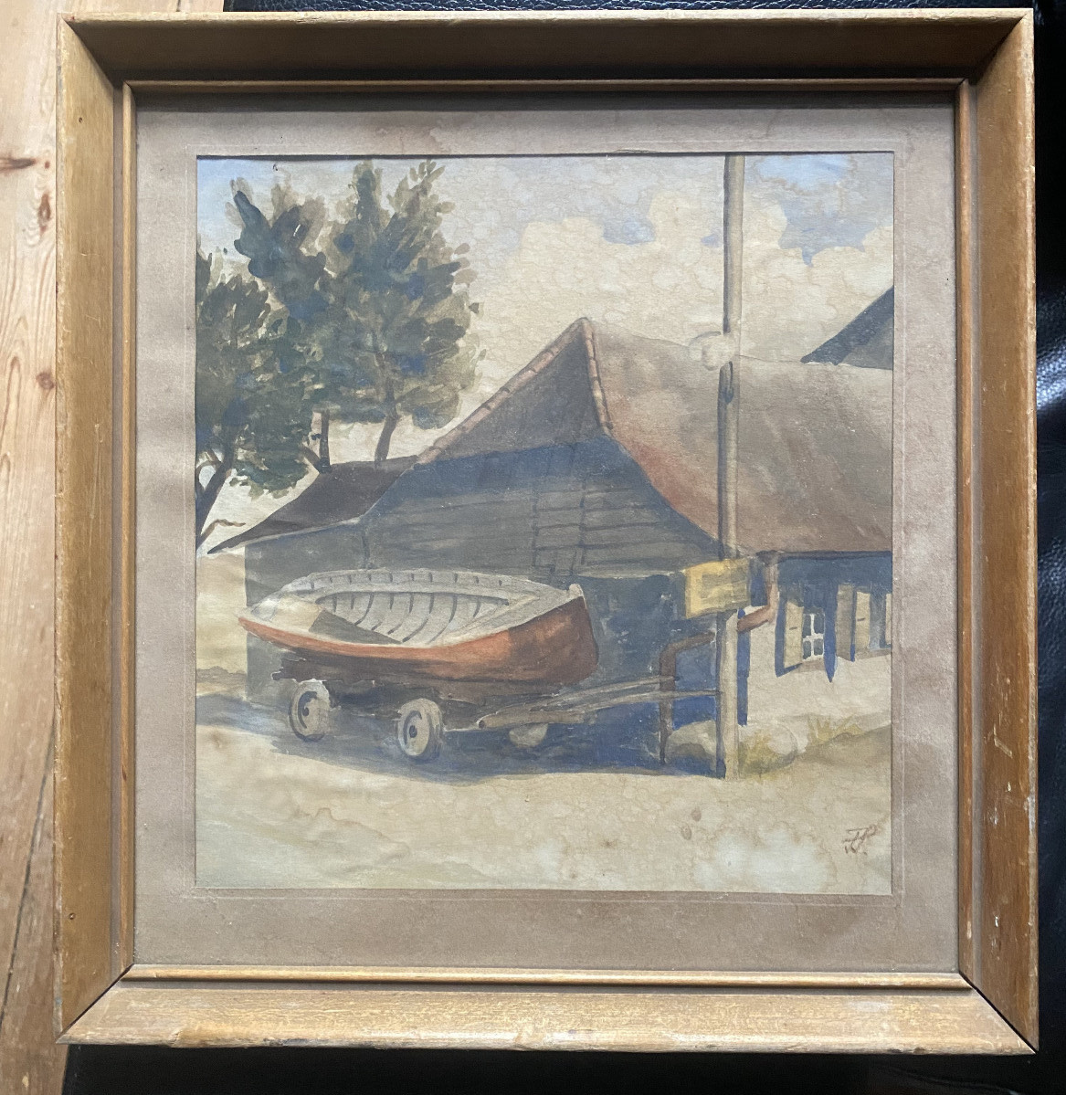 WATERCOLOR CIRCA 1930 BOAT ON TRAILER VILLAGE FARMHOUSE ANTIQUE SIGNED F.P BAUM