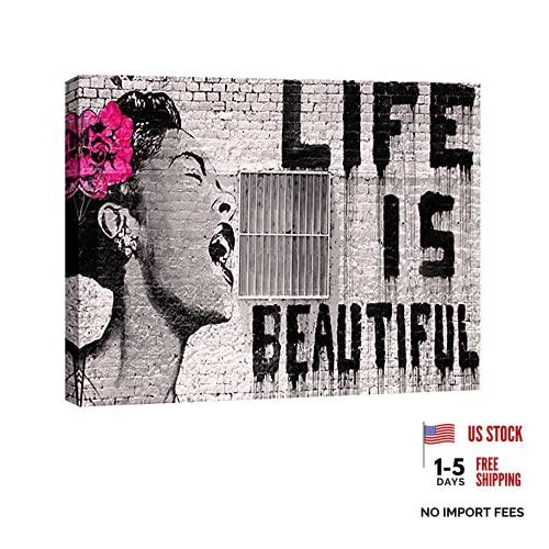 Banksy Life is Beautiful Modern Gallery Wrapped Giclee Canvas Wood 16″L x 12″W