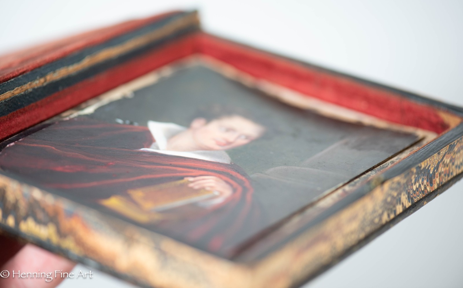 Exceptional Antique Miniature Portrait Painting – Lord Byron in Custom Book Case