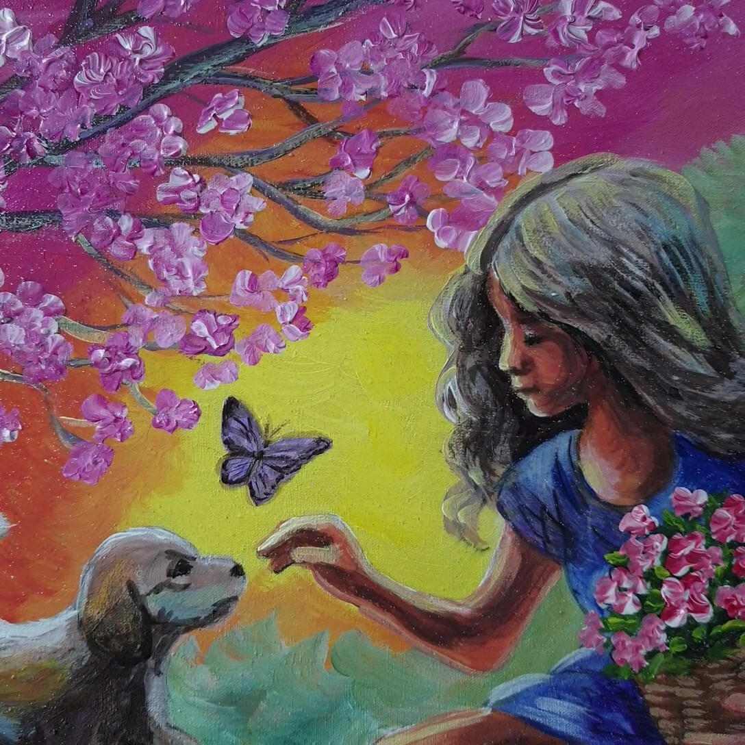 Painting Spring Bloom Puppy Signed Wall Art Decor Gift Original Ukrainian Artist