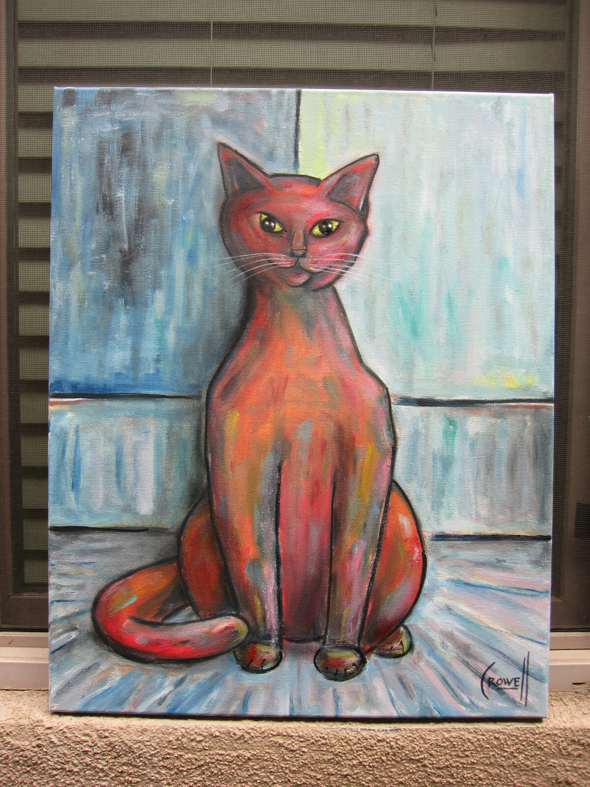 BIG RED CAT oil painting 16×20 canvas modern art feline original signed CROWELL