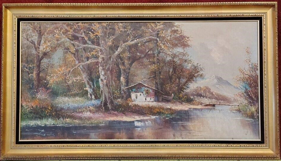 Monumental Lewis «River And Landscape Scene» Oil Painting – Signed And Framed