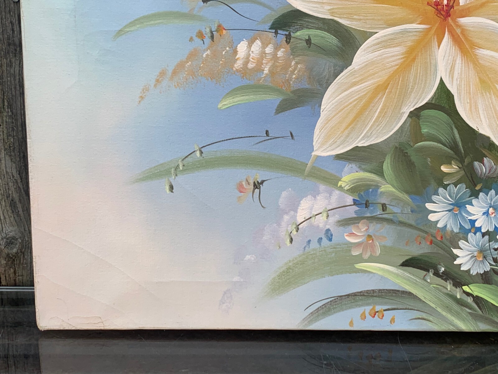 ADAMS FLORAL PAINTING HAWAII HAWAIIAN STYLE TROPICAL FLOWERS 24″ X 36″ AGE LINES