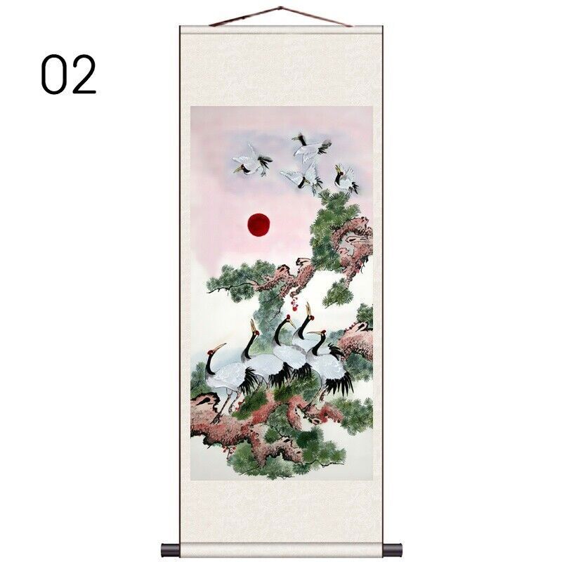 1PC Asian Silk Scroll Painting Crane Feng Shui Wall Hanging Artwork Framed
