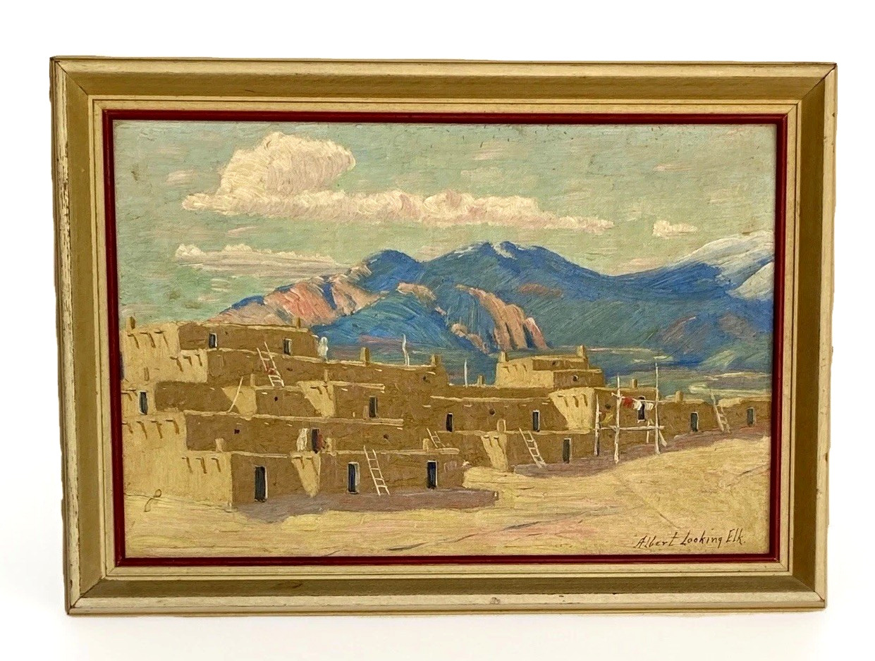 Orig Albert Looking Elk (Martinez) Oil Painting, Taos Pueblo, Framed 14″ x 10″