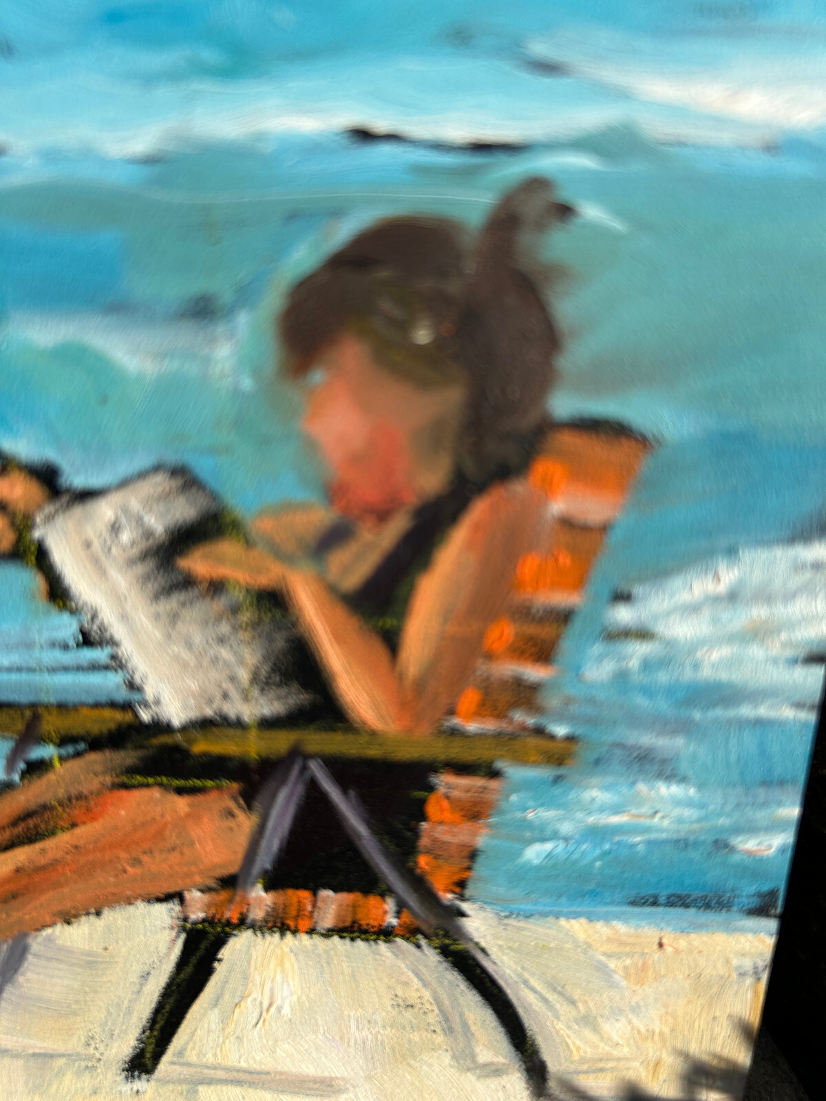 Unsigned Original Artwork Women Reading At Beach 6 x 6 Inches