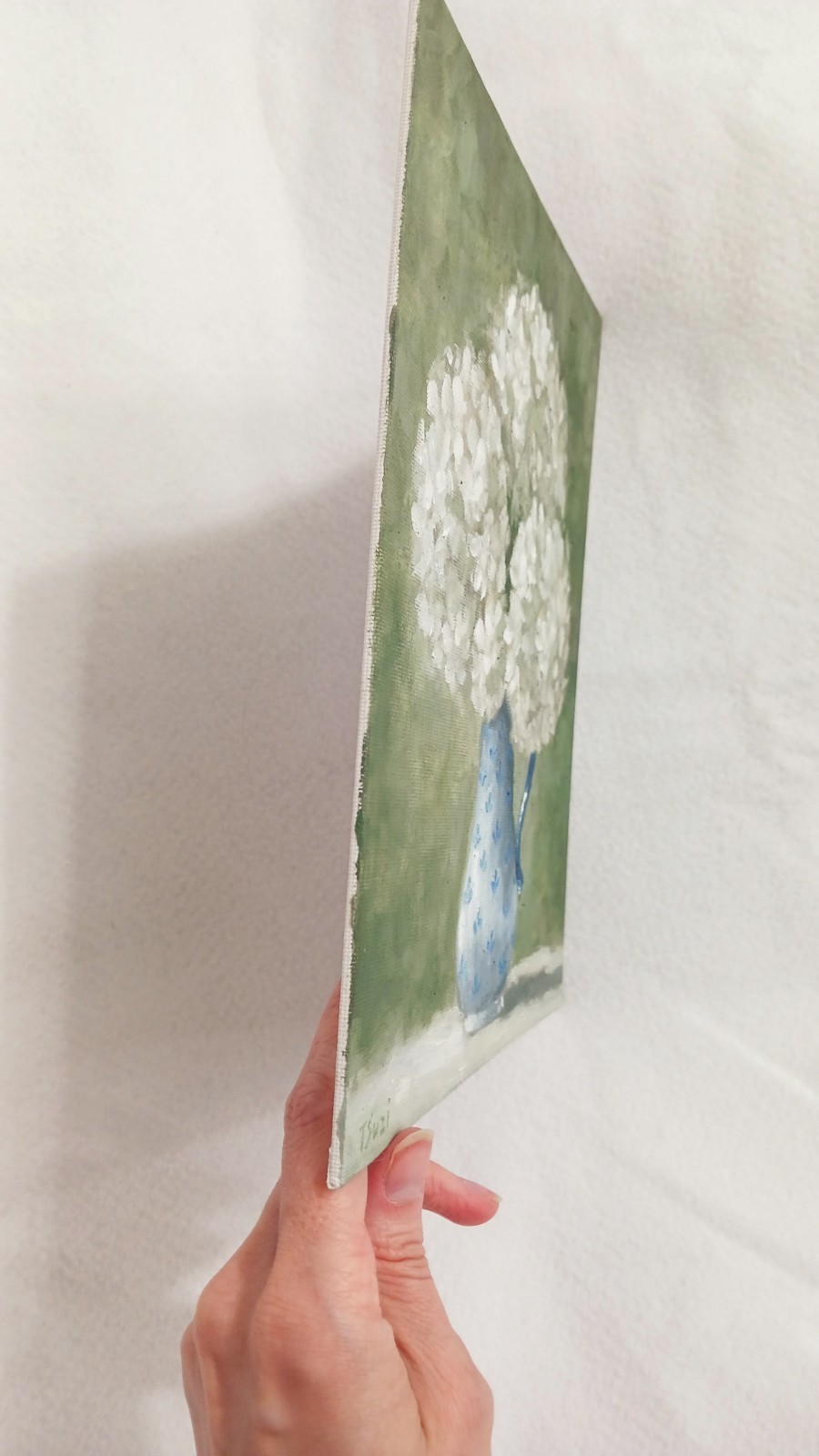White Hydrangeas ORIGINAL Oil Painting Flowers Vintage Vase 8″ x 10″
