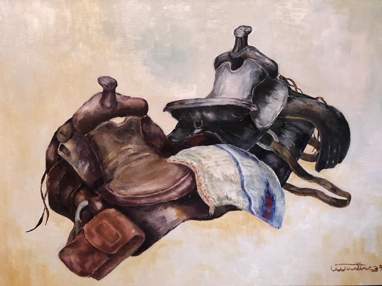 ORIGINAL OIL PAINTING WESTERN SADDLE STILL LIFE , COWBOY EQUESTRIAN ART SIGNED