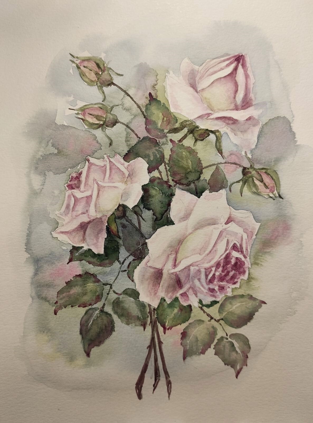 VINTAGE Flowers Original Artwork Modern Painting DUSTY PINK ROSES Floral Gift A4