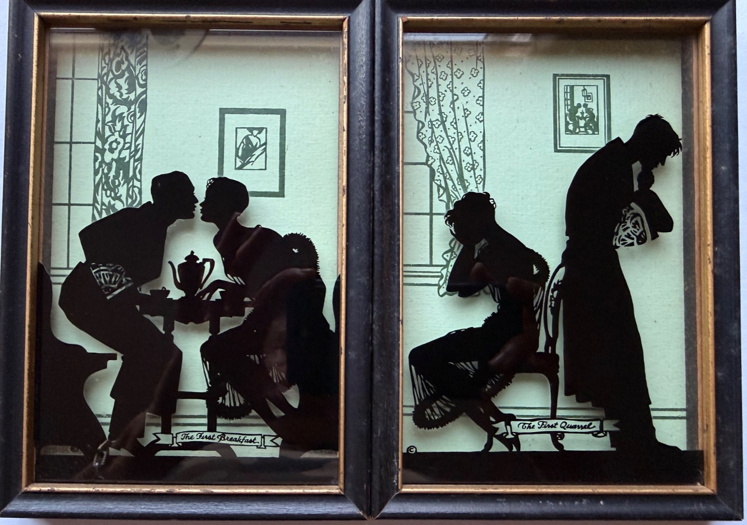 TWO ART DECO Silhouettes Reverse Painted on Glass by BUCKBEE-BREHM 1932