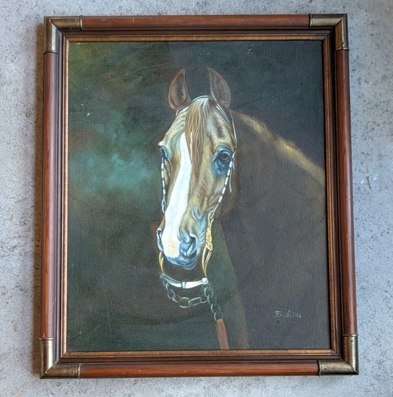Vintage Saddlebred Horse Oil Painting Chestnut Deep Green Background 27.5×23.5