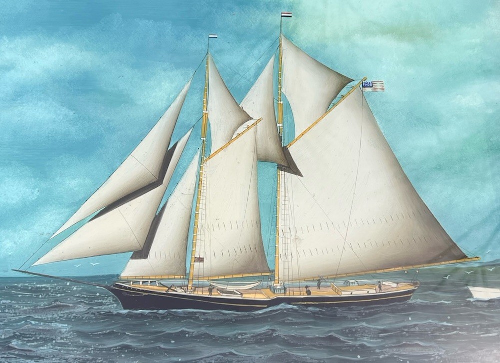Vintage Framed Chinese Reverse Glass Painting American 2 Masted Schooner Ship