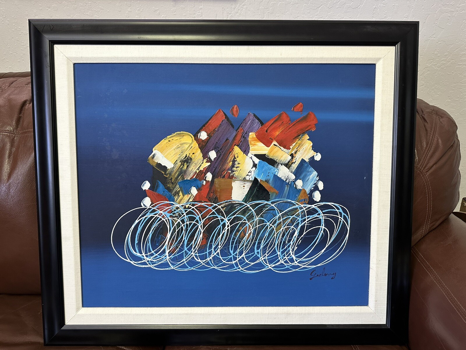 Framed Abstract Modernist Oil Canvas Signed by Geelong 26 x 30 Bicyclists Pack