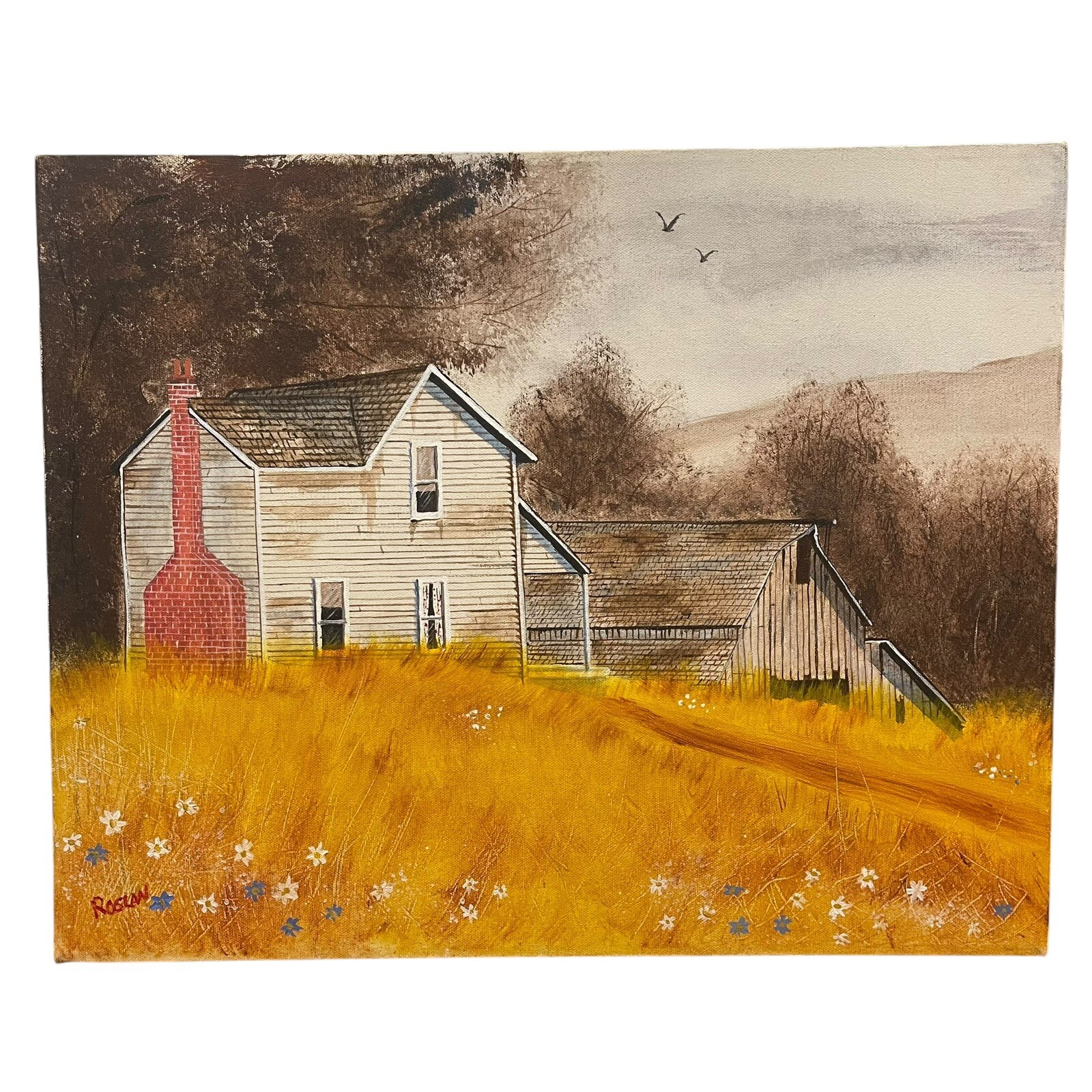Vintage Original Oil On Canvas Abandoned Farm House Barn Field Signed Roslan