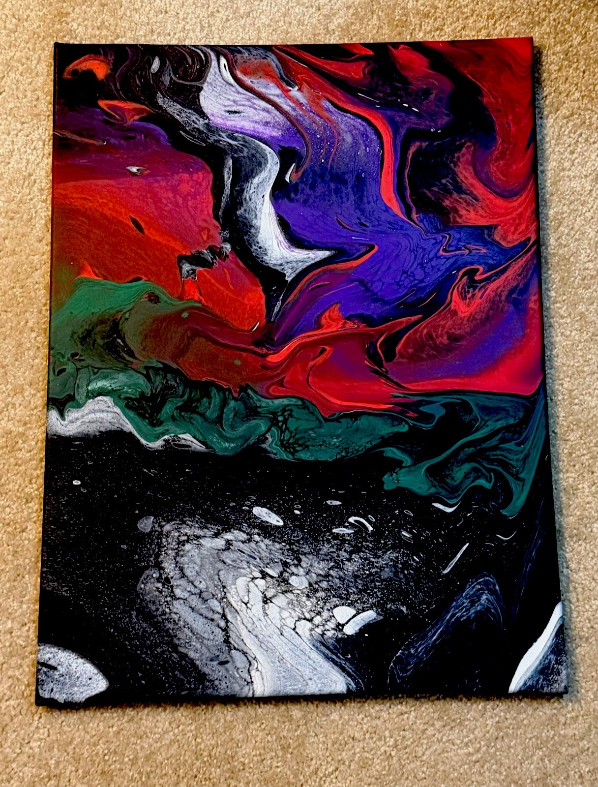 Abstract Acrylic Pour Painting on Canvas Red Purple Green Black White Medium