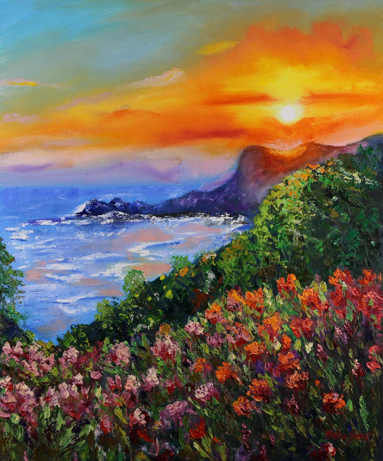 Sunset by the Sea Painting Original Oil Art Landscape Canvas Wall Art 24 by 20″