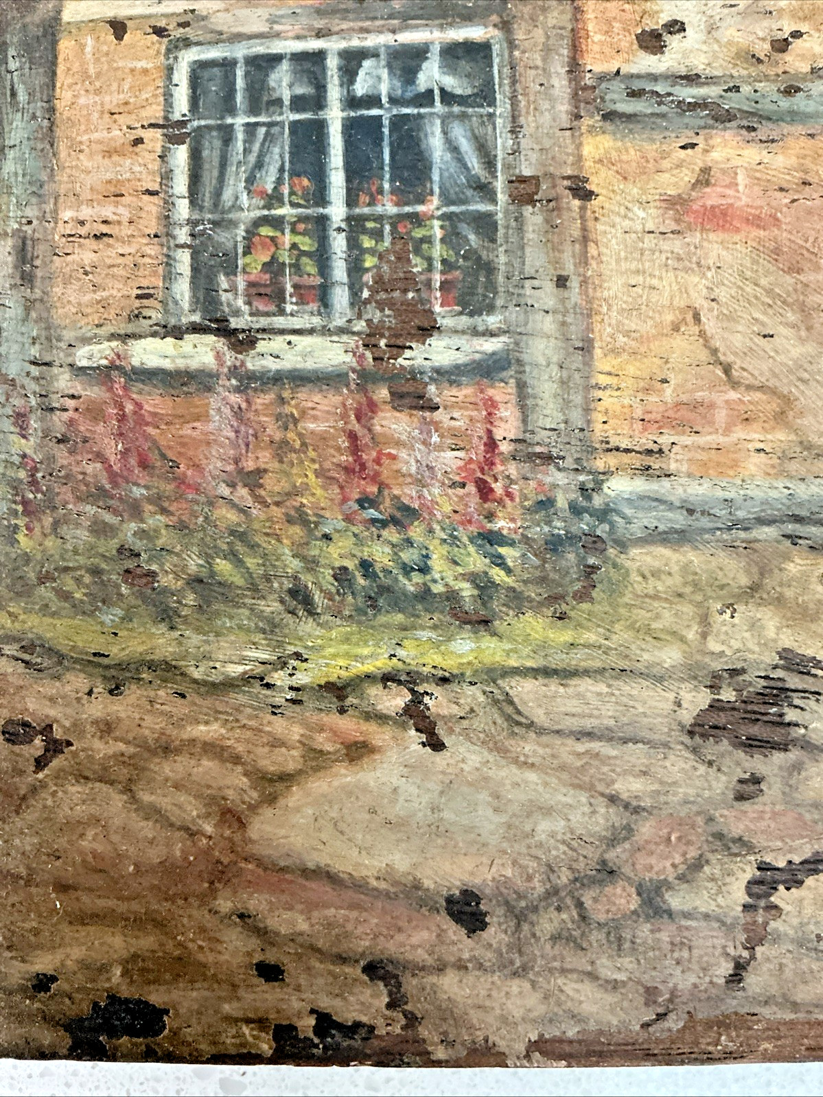 English Cottage Scene Oil Painting on Mahogany Board signed Frank Gill 1942