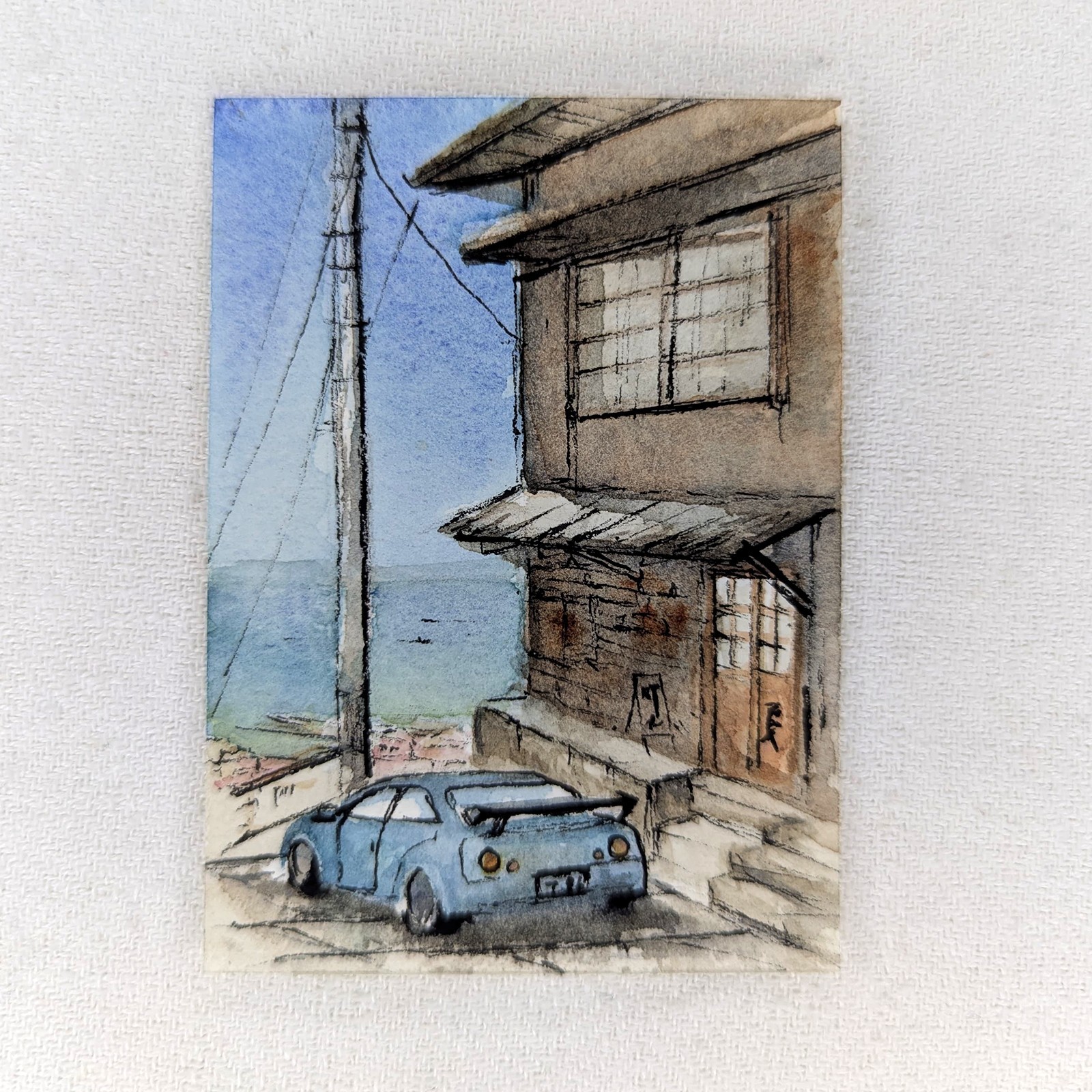 ACEO Original Watercolor Painting OOAK Blue Sports Car Coastal Street Urban Sket