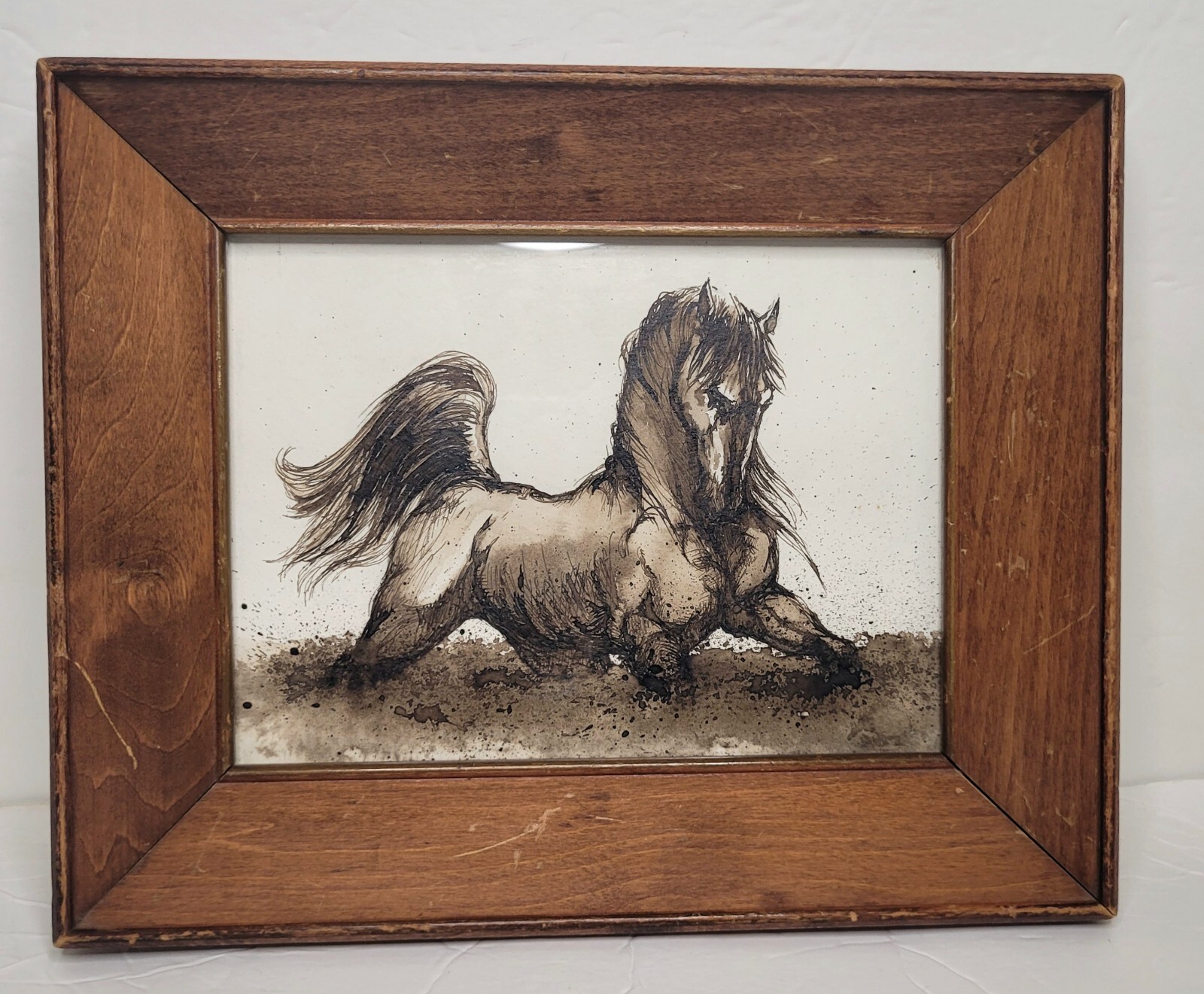 Stallion Water Color Drawing 8in. X 10in. Light Wood Framed Painting Small