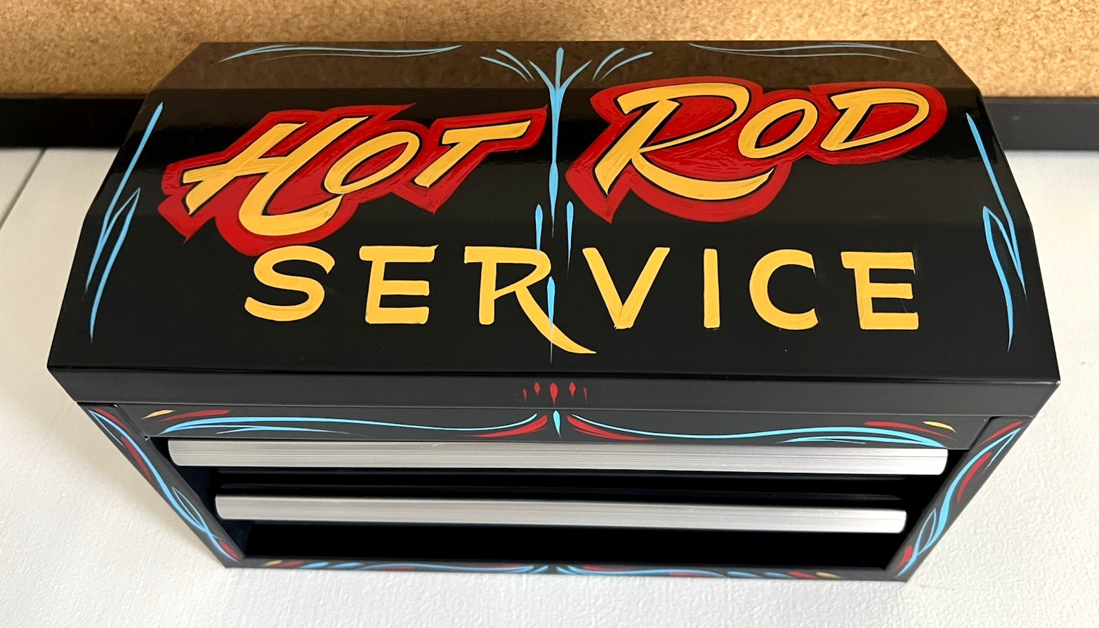 Pinstriped Kustom Kulture Hot rod service Sign Art Mini Black Tool Box Garage